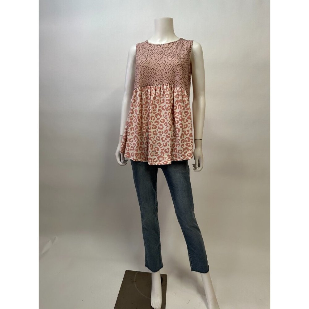 Spice Rose Pink Polka Dot & Animal Pattern Sleeveless Babydoll Blouse